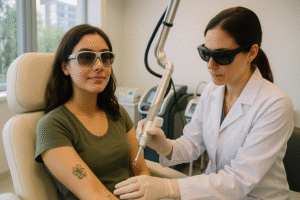 Woman receiving picosecond laser tattoo removal treatment on her upper arm at a modern dermatology clinic in Curitiba.