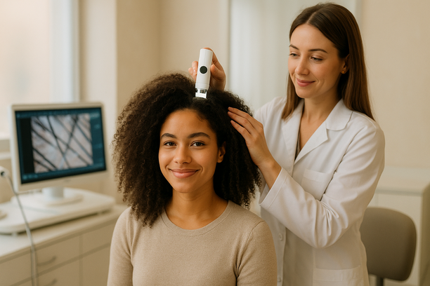 Tricologist using a high-tech scalp analysis device on a smiling woman with healthy hair in a modern dermatology clinic.